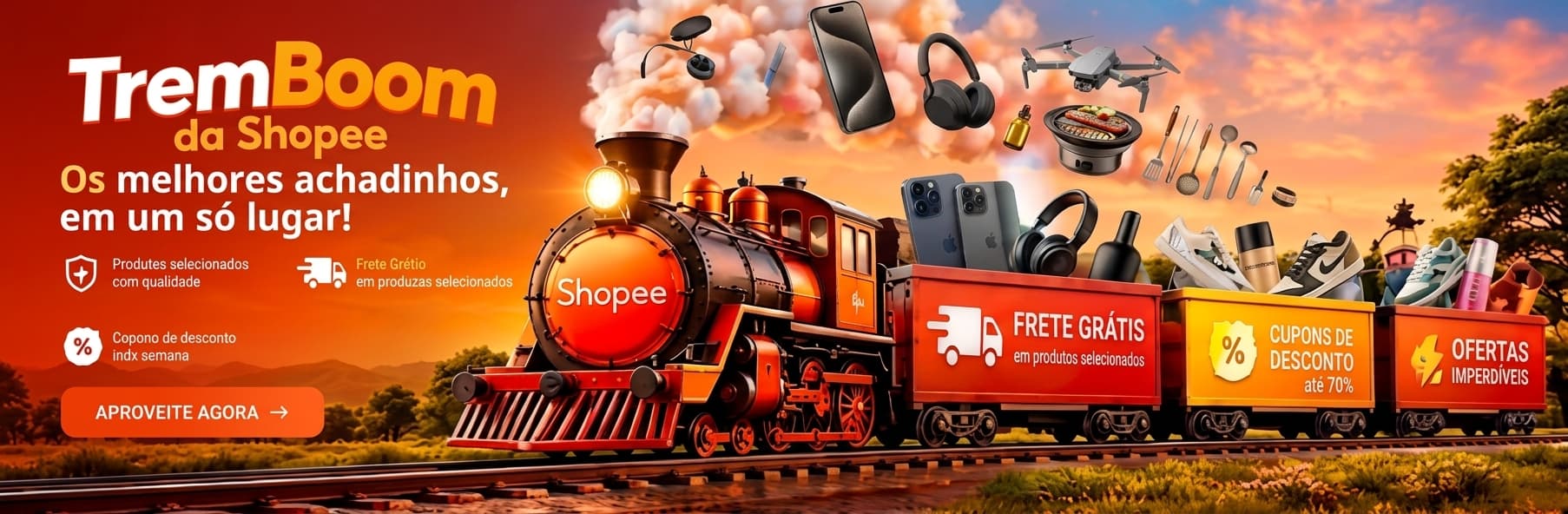 Banner principal TremBoom — locomotiva com ofertas, frete grátis e cupons de desconto